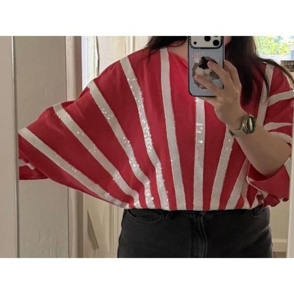 Happy Sheep Sweaters - Happy Sheep Red White Striped Sequin Cotton Sweater Italian Design Women medium